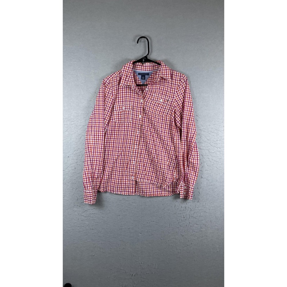 Tommy Hilfiger Shirt Womens Medium Pink Orange Gingham Plaid Button Front Casual